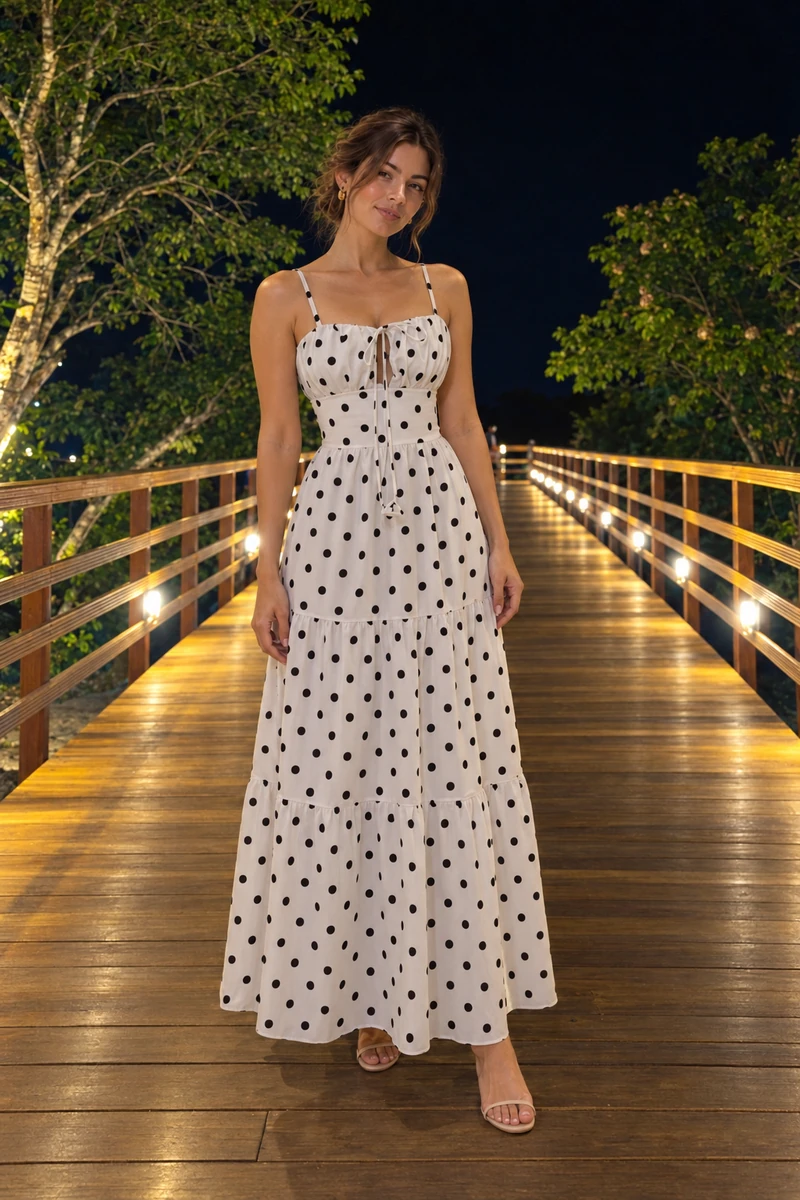 Vestido Longo Poá com Babados, Veste 36 a 40 | Dona Bela
