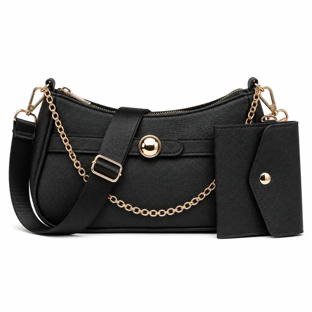 Bolsa baguete em couro sintético texturizado, com corrente frontal, zíper e porta-moedas removível. 24 x 15 x 10 cm. Dona Bela