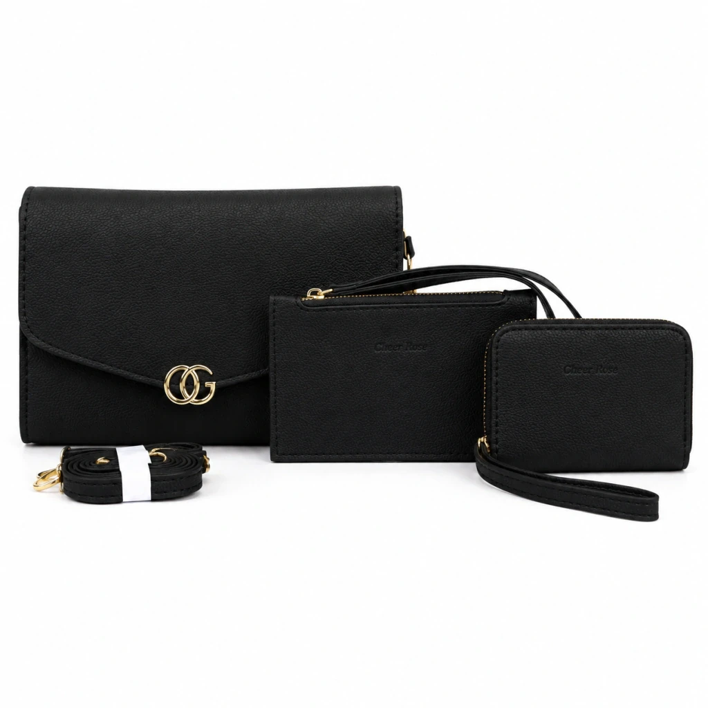 Kit 3 em 1: bolsa com aba, zíper e alça transversal removível, mais necessaire e porta-moedas. Ferragens douradas. Dona Bela
