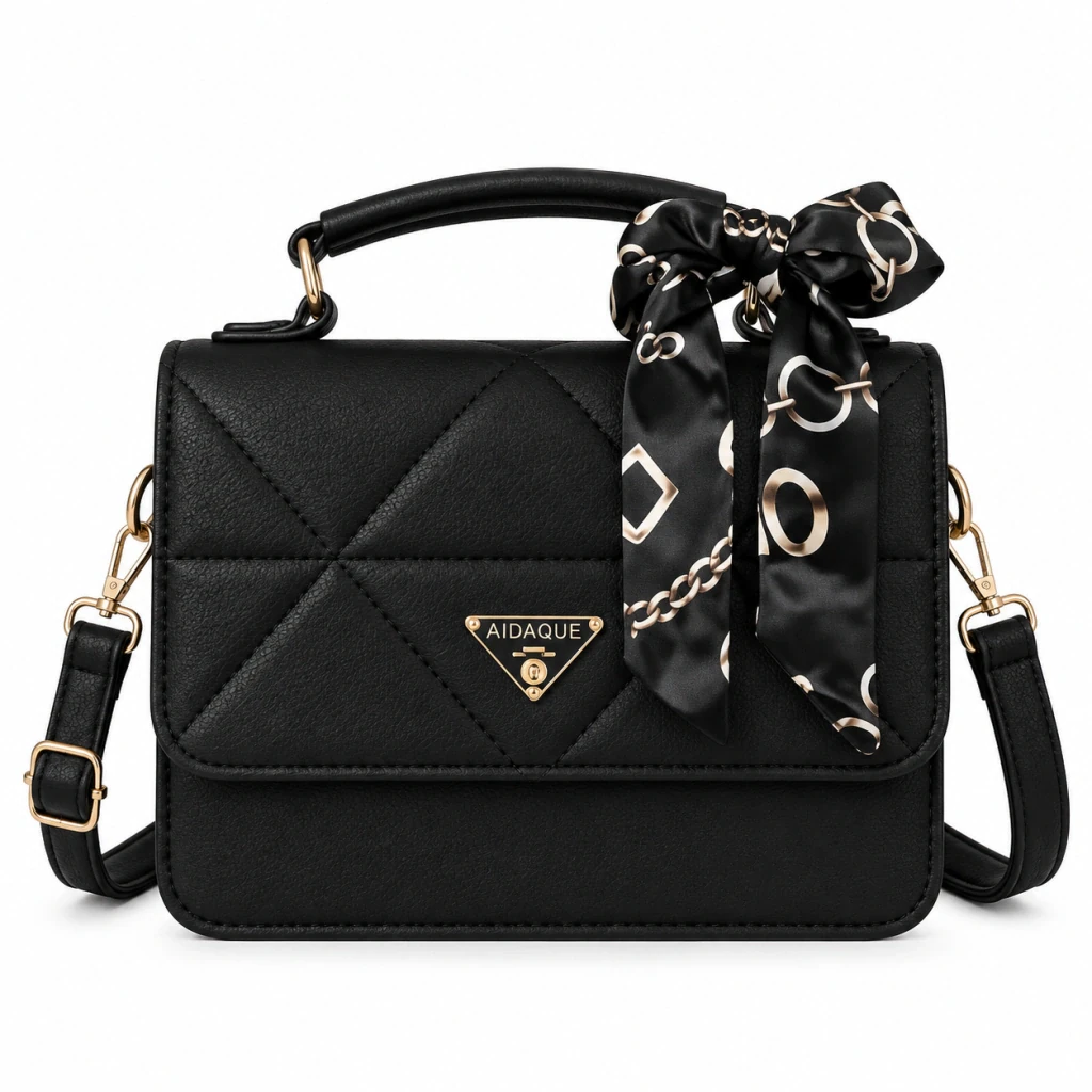 Bolsa feminina Aidaque com lenço estampado na alça, couro sintético e alça transversal removível. 22 x 16 cm. Na Dona Bela