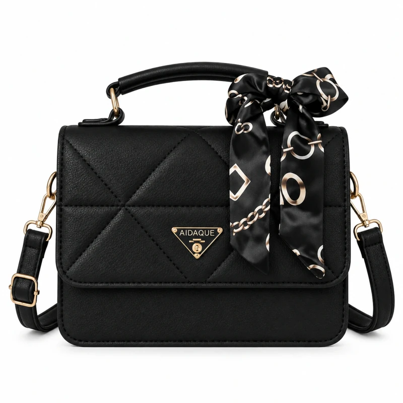Bolsa feminina Aidaque com lenço estampado na alça, couro sintético e alça transversal removível. 22 x 16 cm. Na Dona Bela