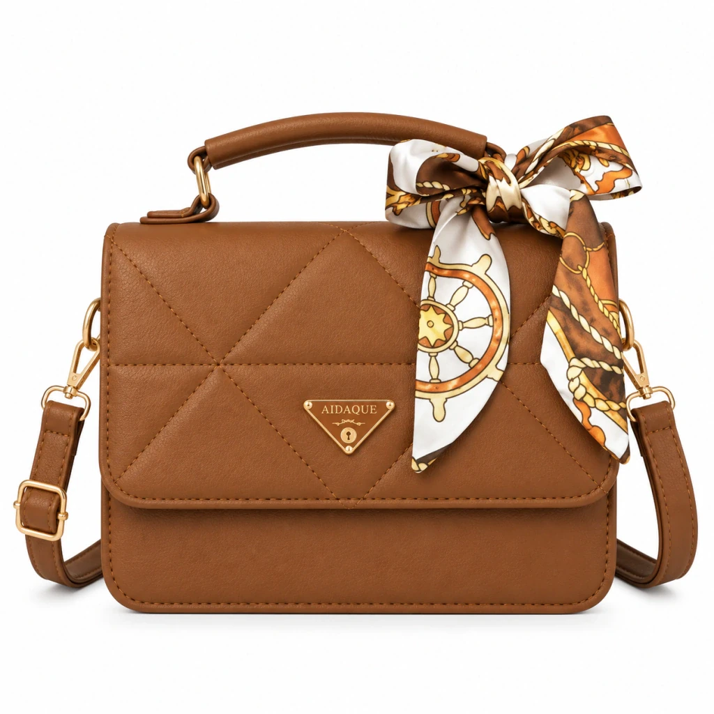 Bolsa feminina Aidaque com lenço estampado na alça, couro sintético e alça transversal removível. 22 x 16 cm. Na Dona Bela