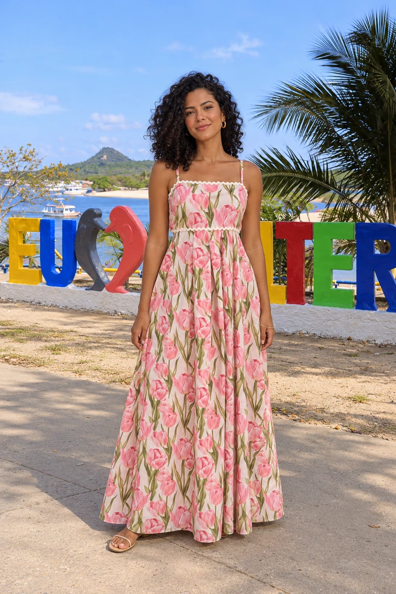 Vestido Rosália Semi Longo Floral Rosa | Dona Bela