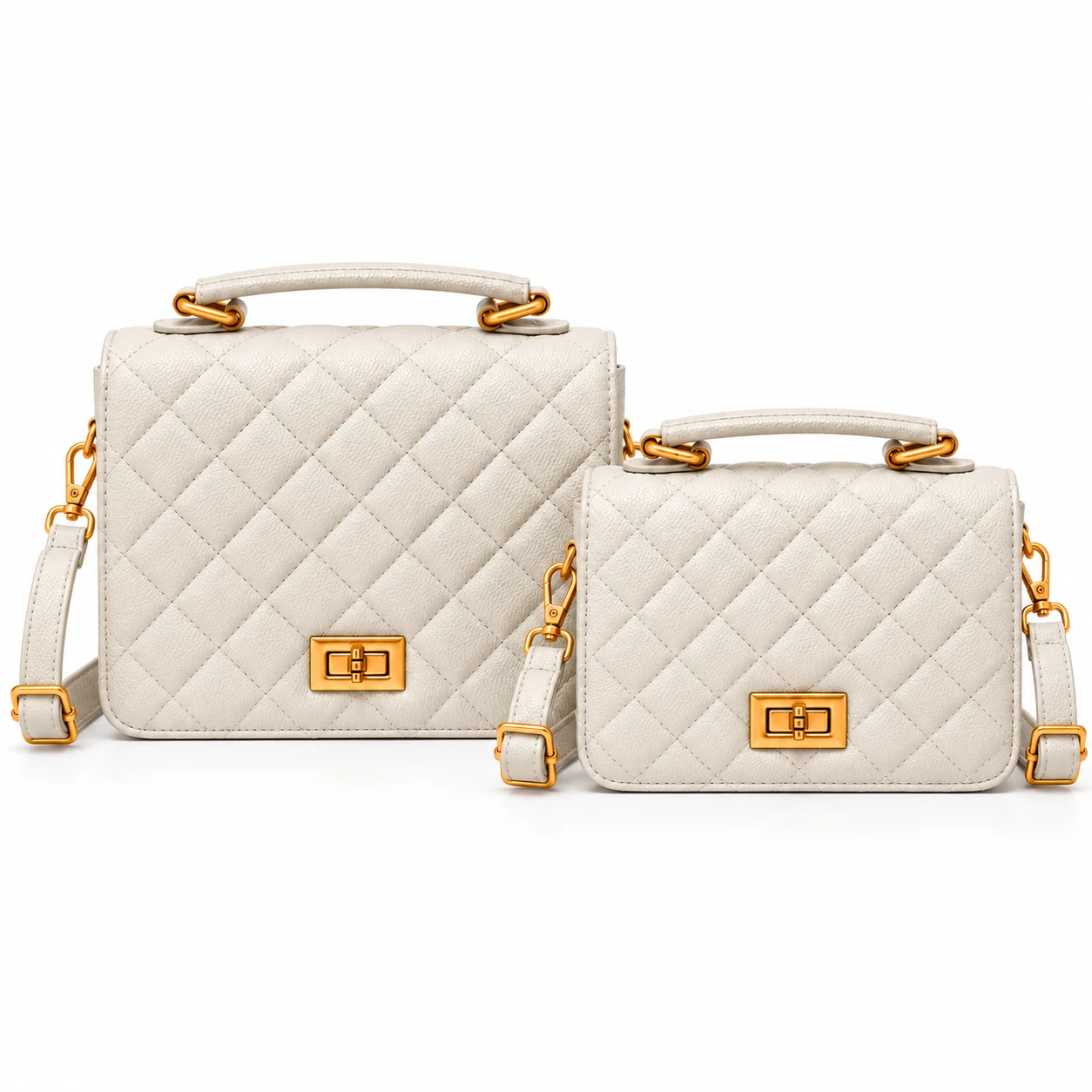 Kit com 2 bolsas femininas matelassê, ferragens douradas e alça transversal removível. Maior com bolso de zíper, menor para o essencial. Dona Bela.