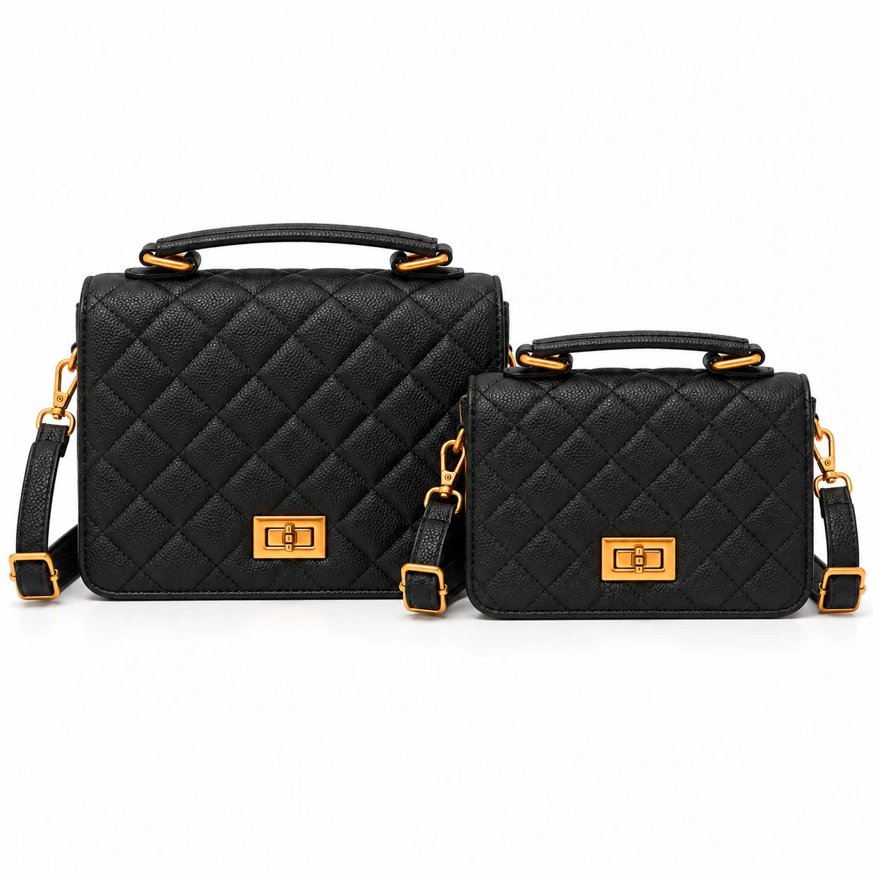 Kit com 2 bolsas femininas matelassê, ferragens douradas e alça transversal removível. Maior com bolso de zíper, menor para o essencial. Dona Bela.