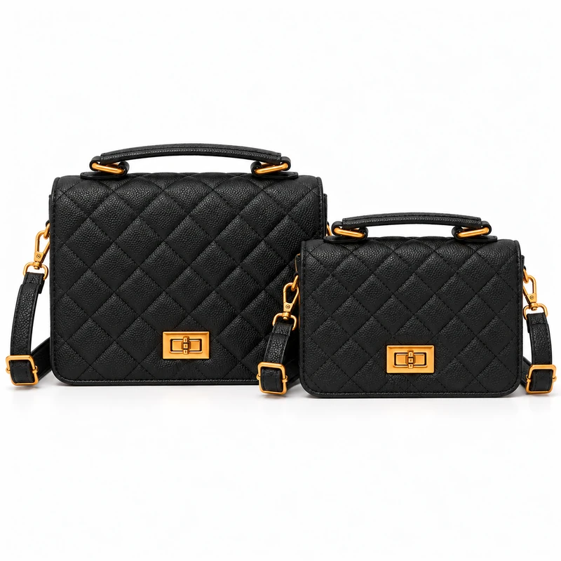 Kit com 2 bolsas femininas matelassê, ferragens douradas e alça transversal removível. Maior com bolso de zíper, menor para o essencial. Dona Bela.